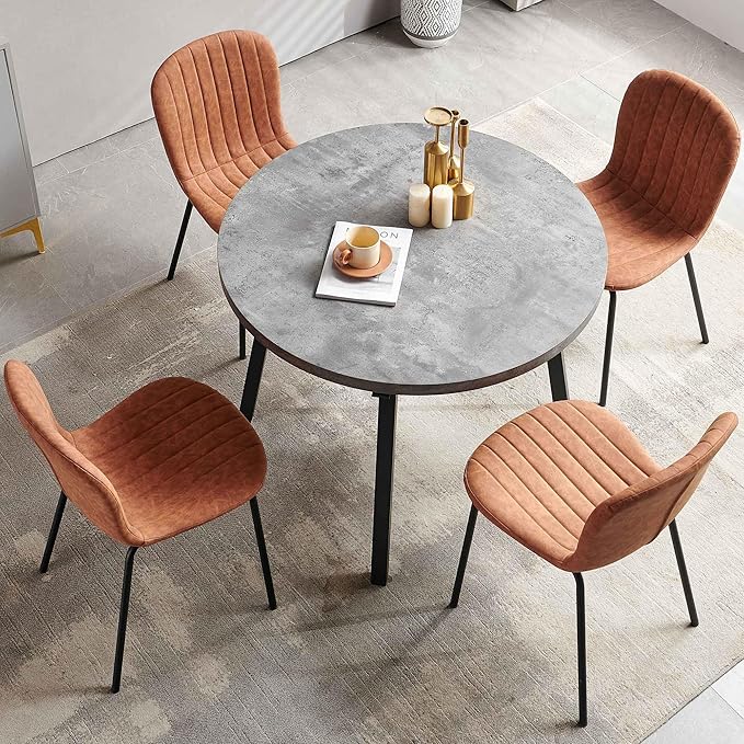 Round Dining Table Set for 4 with PU Leather Chairs - Modern Kitchen Table and Chairs Set for Small Spaces - Brown