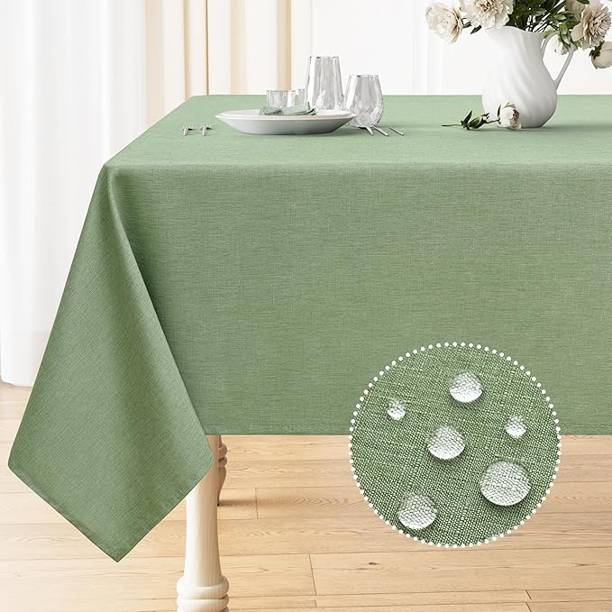 Smiry Rectangle Table Cloth Linen Textured, Waterproof Spillproof Anti-Wrinkle Burlap Tablecloth, Washable Decorative Fabric Table Cover for Dining, Party, Banquet, 60 x 140 Inch, Sage Green