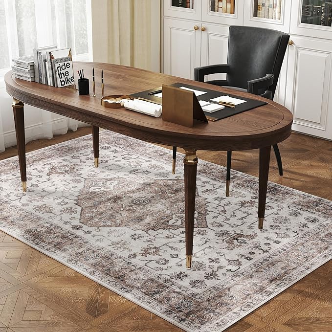 HOMCOM Washable Area Rug, 4'x6' Vintage Indoor Distressed Carpet, Retro Floor Cover Foldable, Floral Print Mat for Living Room, Bedroom, Dining Room, Tan