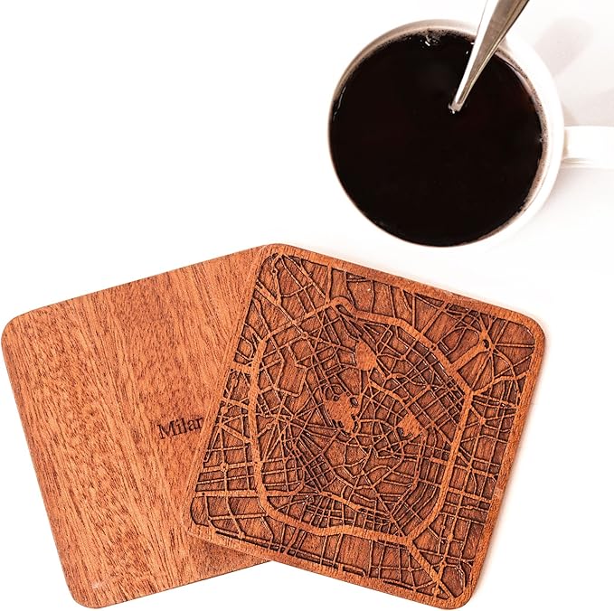 Milan Map Coaster by O3 Design Studio, Set Of 4, Sapele Wooden Coaster With City Map, Handmade