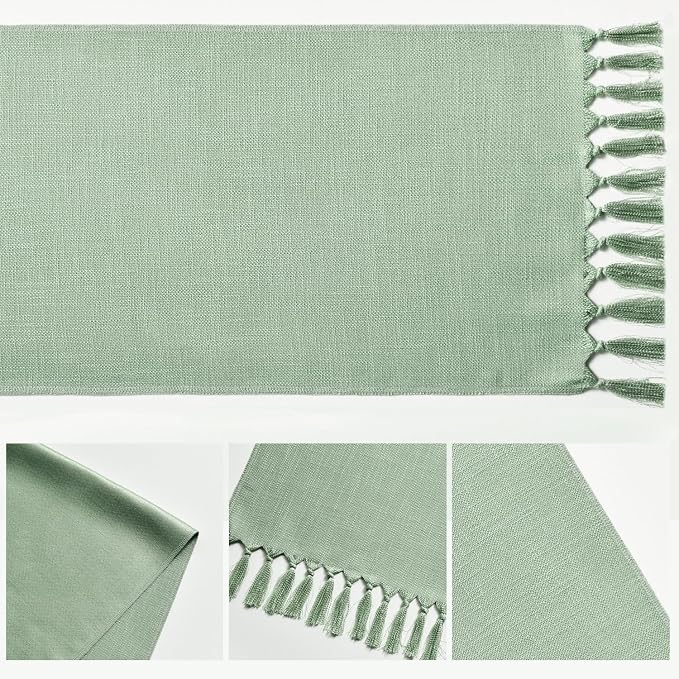 Artoid Mode Sage Green Spring Tassel Table Runner, Boho Linen Blend Rustic - Image 5