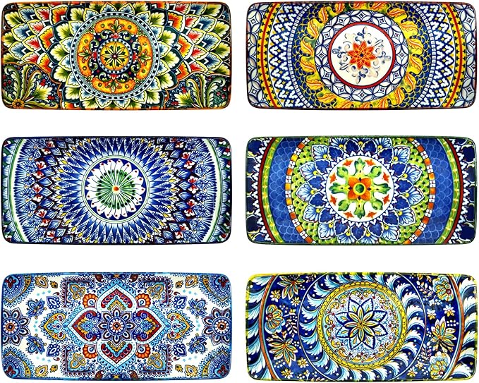 10 Inch Rectangular Ceramic Plates Set of 6 - Bohemian Floral Design in 6 Vibrant Colors, Oven & Microwave Safe Porcelain Appetizer, Salad & Dessert Plates
