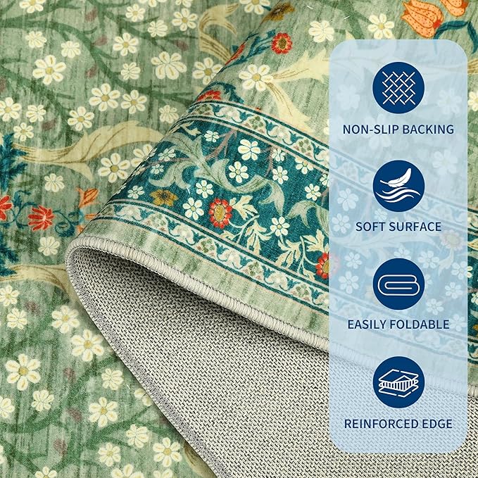 GarveeHome Sage Green Floral 6 ft Round Rug Washable Non-Slip Soft Low Pile Circle Carpet Vintage Rugs for Kitchen Bedroom Nursery Dining Living Room
