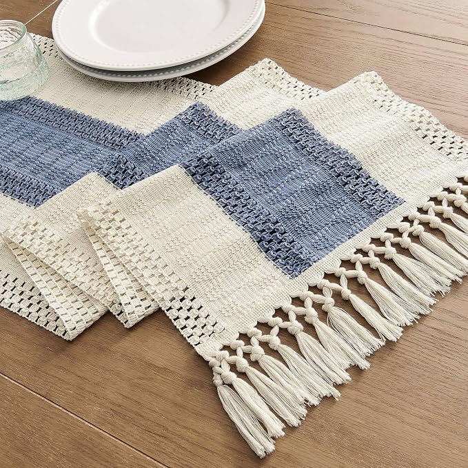 Macrame Style Bicolor Stitching Table Runner 14x60in Blue | Woven Boho Table - Image 7
