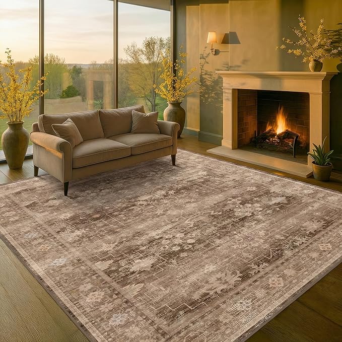 Boho Taupe Living Room Rug 7x10 -Vintage Traditional Oriental Neutral Brown, Washable Low Pile Non-Slip Extra Large Area Rugs for Dining Under Table Bedroom Lounge