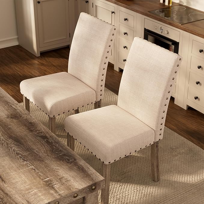 Morden Fort Farmhouse Style Dining Chairs Set of 2, Rustic Upholstered Kitchen & Dining Room Chairs with Rivet Detailing, Solid Wood Legs & Sturdy Wooden Chair Design for Comfortable Seating