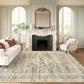 Washable Area Rug 8x10, Large Soft Rugs for Living Room Vintage 8x10 Area Rugs for Bedroom Dining Room Non-Slip Stain Resistant Under Table Green Orange Rug