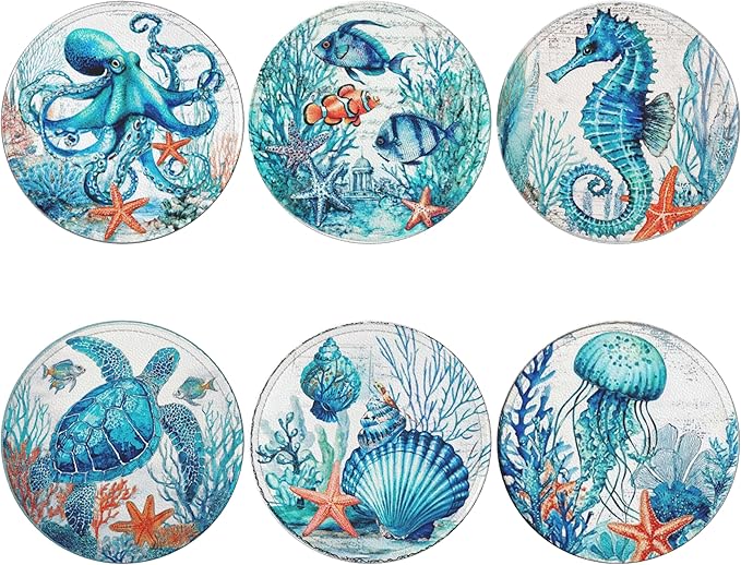 Sea Coasters Leather Round Drink Coasters 6 Pcs Set with Holderor for Cup Drink Coffee Table Bar Home Decor