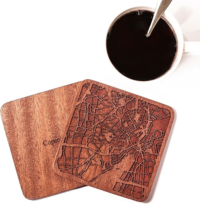 Copenhagen Map Coaster by O3 Design Studio, Set Of 4, Sapele Wooden Coaster With City Map, Handmade