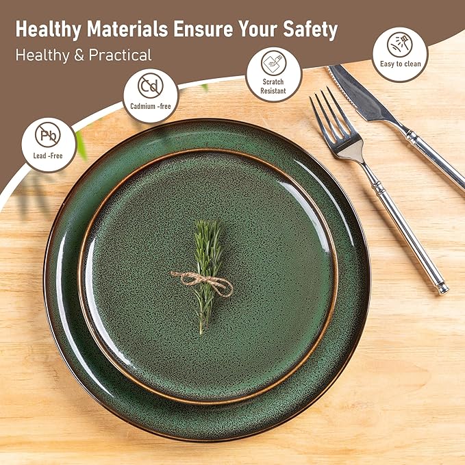 LeRatio Ceramic Dinnerware Sets for 4,Porcelain Plates and Bowls Sets, Reactive Glaze Dishes Set,Chip Resistant and Scratch Resistant | Oven&Dishwasher & Microwave Safe,Service for 4-Green&Black