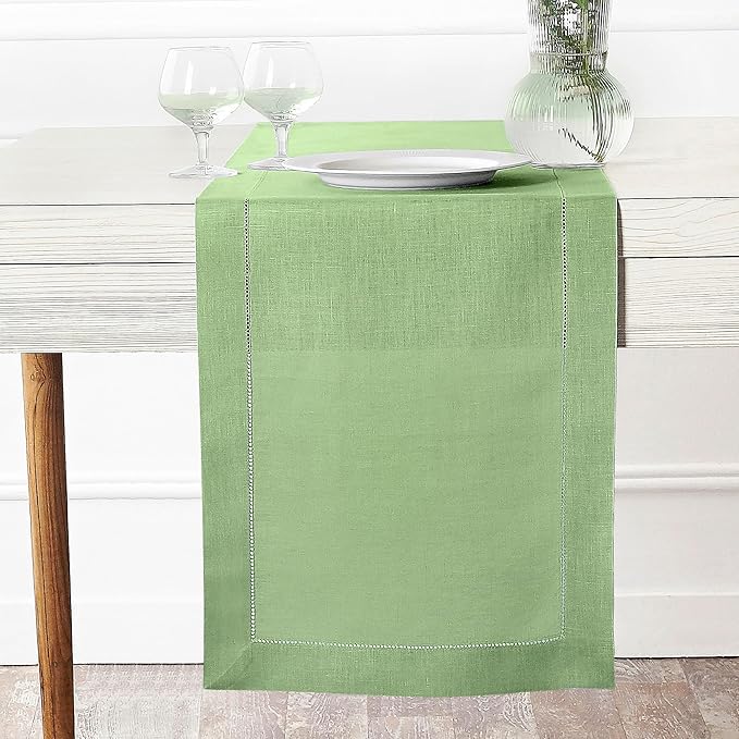 D'Moksha Homes Linen Sage Green Table Runner 132 Inches Long - 100% Pure Linen Extra Long Table Runner 14 x 132 Inch for Spring, St Patricks Day, Easter - Classic Hemstitch