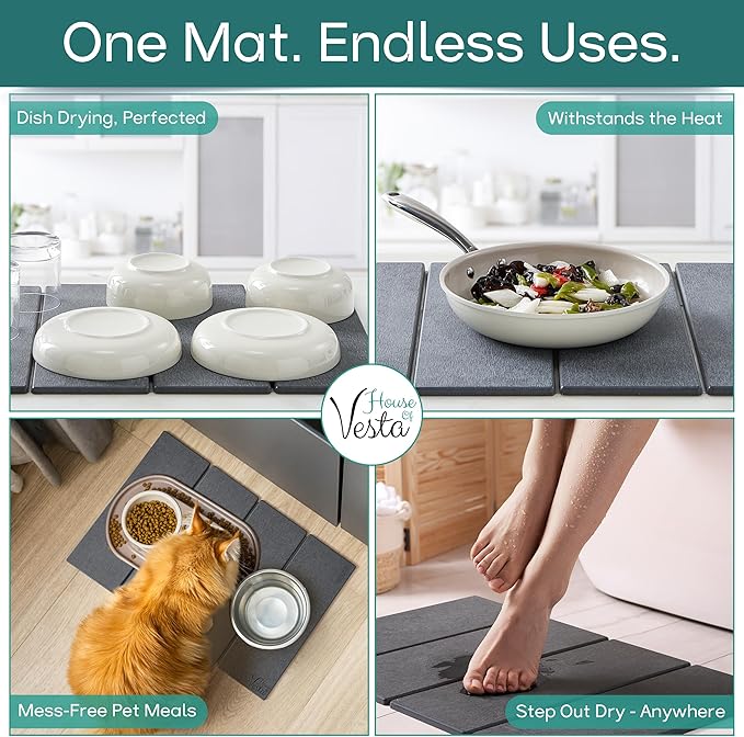 Stone Drying Mat For Kitchen Counter, Diatomaceous Stone Dish Drying Mat For Kitchen - Quick Drying Dish Mat - Water Absorbing Stone Tray, Foldable, Eco-Friendly, Gray Color (23.5 x 15.4")