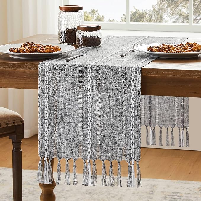 Hemstitched Farmhouse Table Runner, Charcoal 13x60 Inch, Cotton Linen Table by Unknown