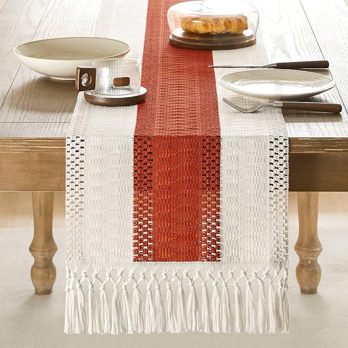 Macrame Style Bicolor Stitching Table Runner 14x108in Orange | Woven Boho Table - Image 2