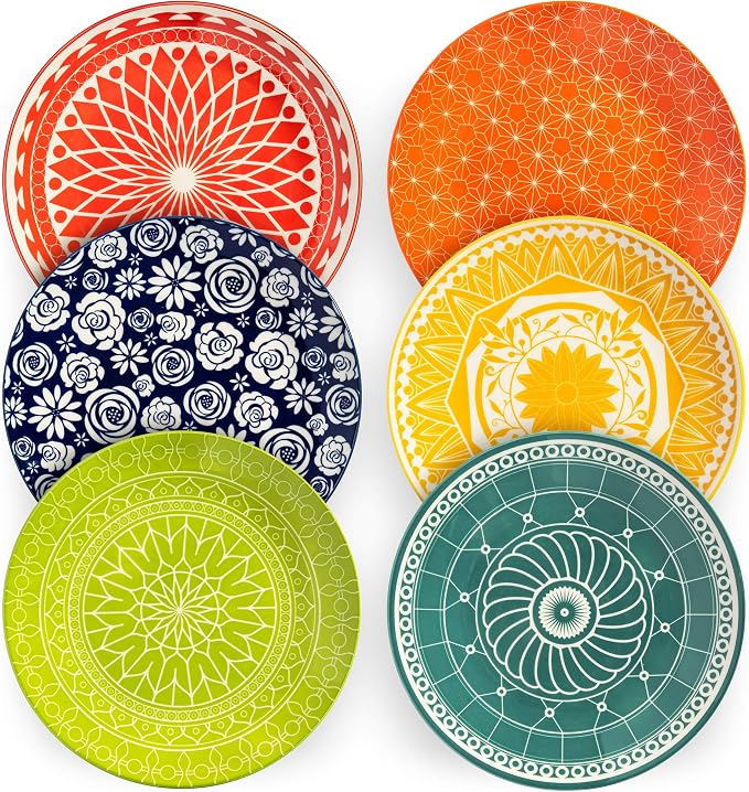Dinner Plates - Mismatched Colorful Dinnerware Set of 6 - Fun Decorative Cute by Annovero