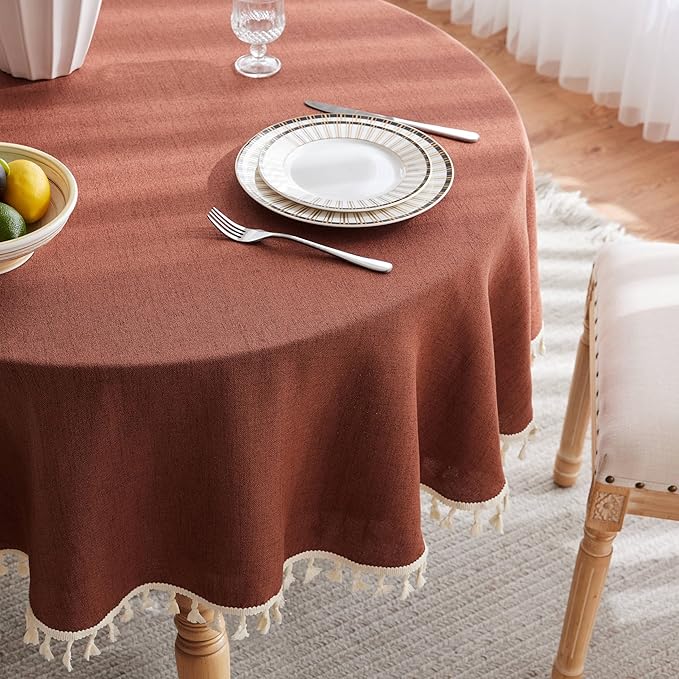 Linen Tablecloth with Tassels, Farmhouse Style Terracota Tablecloth, Water Resistant Burlap Tablecloths for Round Table, 52 Inch Round Terracota