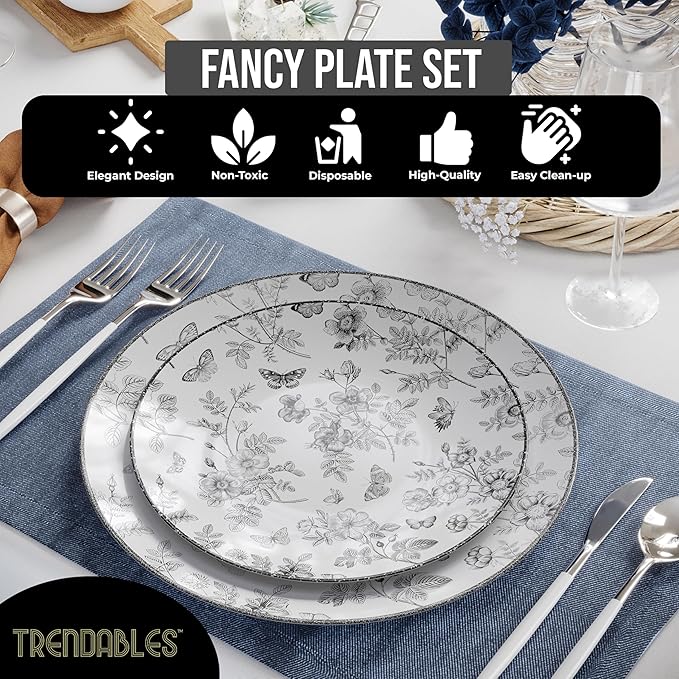 Trendables Disposable Plates For Party Supplies | Black Floral Plastic Plates For Wedding 80 Pcs - 40 X 8 & 40 X 10 Dinner Plate Sets | Floral Plate Set Disposable Plastic Dinnerware Sets