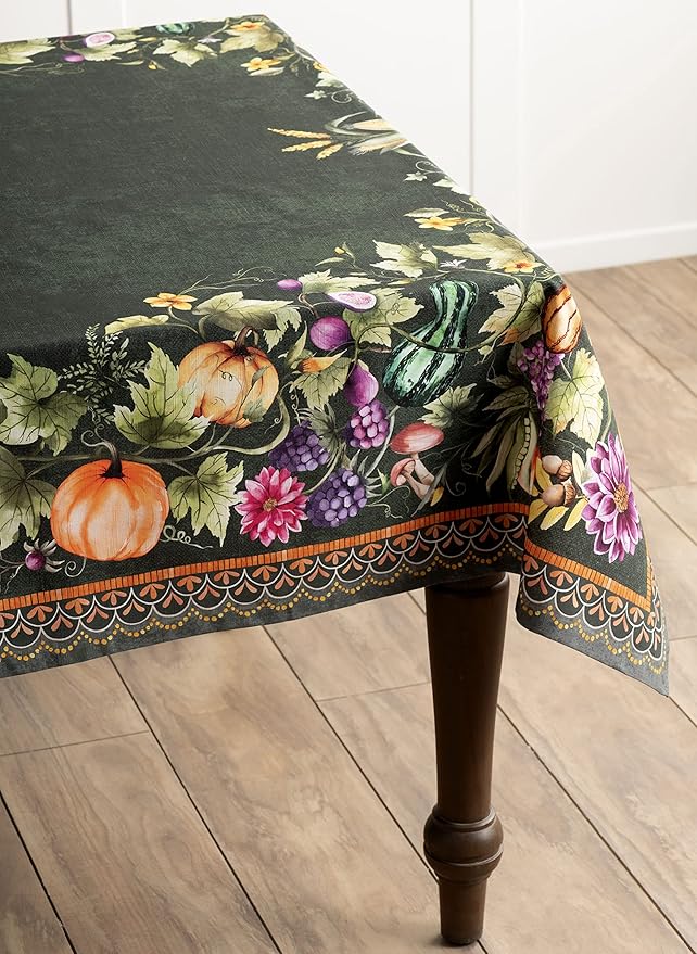 Maison d' Hermine Table Cloth Rectangle Table 100% Cotton 70 x 120 Inches Fall Tablecloth Reusable Everyday Use for Thanksgiving Christmas Decorations Dining Farmhouse (Pumpkin Garden - Dark Green)
