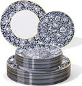 Hioasis 60pcs Plastic Disposable Plates Set - Blue & White Floral Pattern with Gold Rim, 10.25 Dinner & 7.5 Dessert Plates for Wedding,Anniversary,Party and Holiday
