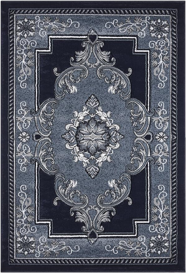 Modern 5x7 Navy Traditional Living Room Rug - Area Rugs for Living Room, Dining & Bedroom - Hand Carved Runner Carpet - Durable Polyester - Non-Fade, Stain-Resistant - Turkish Made