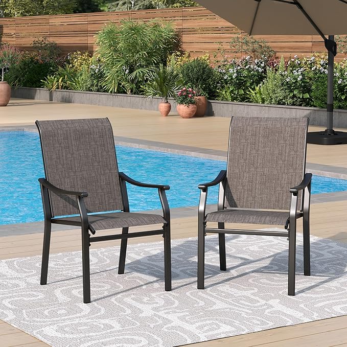 PHI VILLA Outdoor Dining Chairs Set of 2, Breathable Textilene Fabric and Metal Frame with Backrest and Armrest,Quick-Dry and Rustproof,Patio Chairs for Lawn,Garden