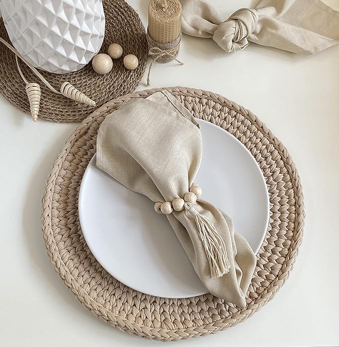 Handmade Napkin Ring with Wood Beads & Jute Twine - Affordable Rustic Wooden Napkin Ring Holder for Table Decoration | Boho Style Farmhouse Napkin Rings | Napkin Rings Set of 6