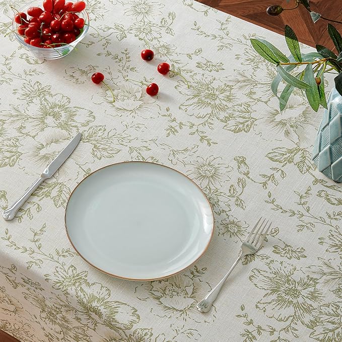 jinchan Green Floral Linen Blend Rectangle Table Cloth 52 x 70 Inch | Elegant - Image 4