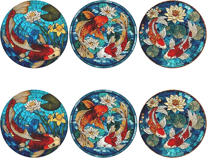 Fish Coasters Leather Round Drink Coasters 6 Pcs Set with Holderor for Cup Drink Coffee Table Bar Home Decor