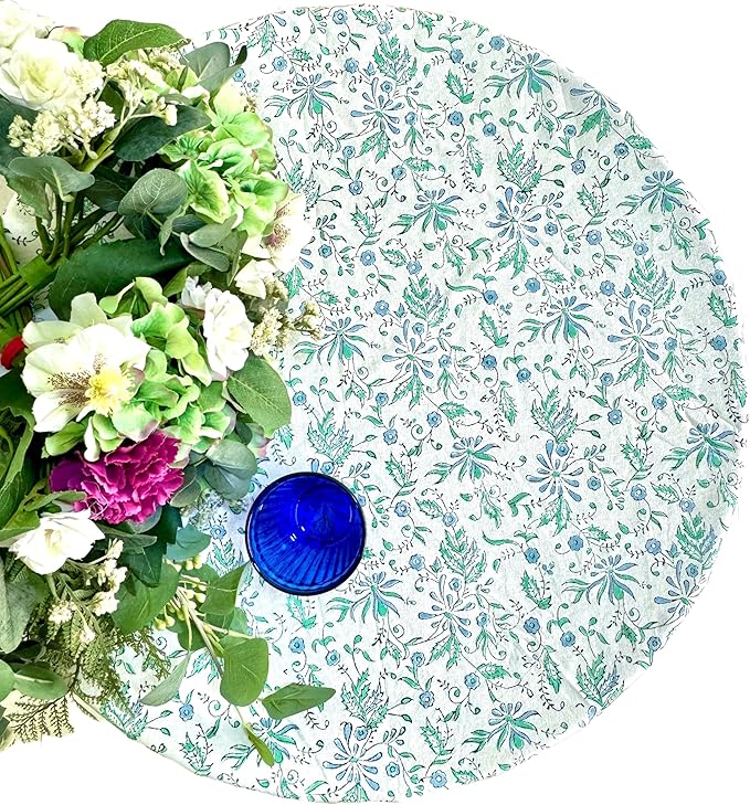 ATOSII Aster Blue 100% Cotton Round Tablecloth, Handblock Print Floral Table Cloth for Kitchen Dining Linen I Parties, Weddings, Outdoors, Easter, Spring Summer Decor I 72" Inches Round