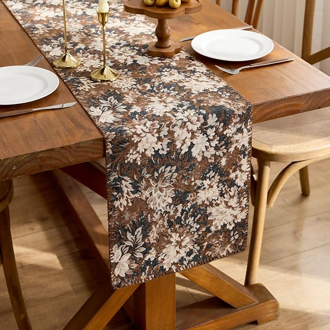 ORTIGIA Vintage Floral Table Runner, Boho Chenille Coffee Brown Farmhouse - Image 2