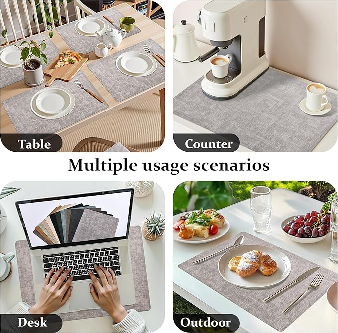 FROMHEART Faux Leather Placemats Set of 12–Waterproof,Heat/Oil Stain-Resistant PU Table Mat–Reversible,Non-Slip,Easy to Clean Place Mats for Kitchen,Dining,Indoor/Outdoor,(Light Grey,11.8" x 17")