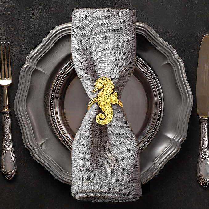 Decozen Set of 12 Gold Napkin Rings in Sea Horse Design, Festive, Table Decor Setting for Holiday, Wedding, Birthday, Kitchen, Home Decor, Housewarming Gift - Mothers Day Decorations