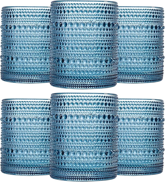 JOVGANK Blue Vintage Hobnail Drinking Glasses Set of 6, Embossed Water Tumbler by JOVGANK