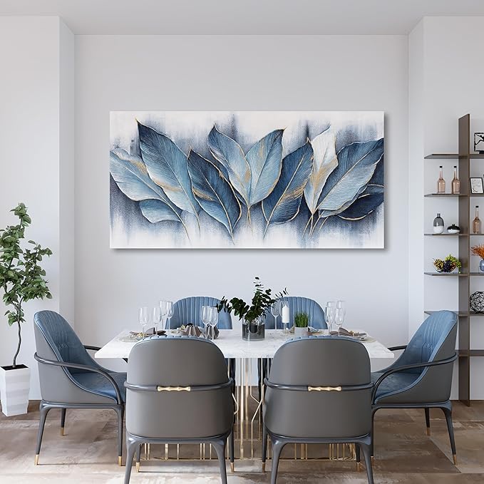 Framed Art Wall Decorations Blue Leaves Canvas Wall Art Abstract Art Modern Artwork For Living Room Bedroom Dining Room Home Office Decor 20"X40"