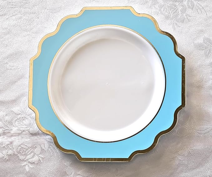 " OCCASIONS " 120 Plates Pack,(60 Guests) Heavyweight Wedding Party Disposable Plastic Plates -60 x 10.5'' Dinner + 60 x 8'' Salad/Dessert Plate (Imperial Aqua/Gold))