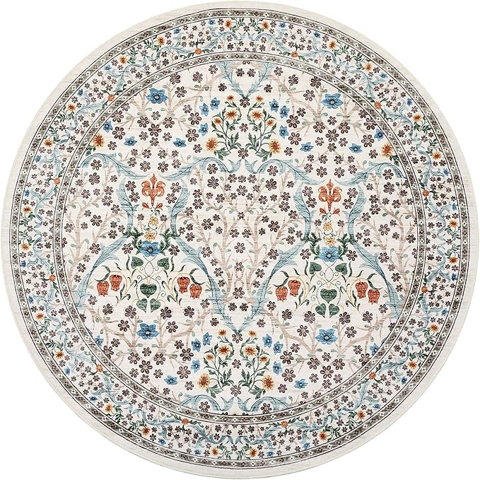 GarveeHome Beige Ivory Floral 6 ft Round Rug Washable Non-Slip Soft Low Pile Circle Carpet Vintage Rugs for Kitchen Bedroom Nursery Dining Living Room