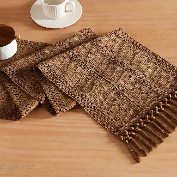 Macrame Style Boho Table Runner, 12x72 Inch Caramel | Woven Boho Table Runner by ZEEMARTONLINE