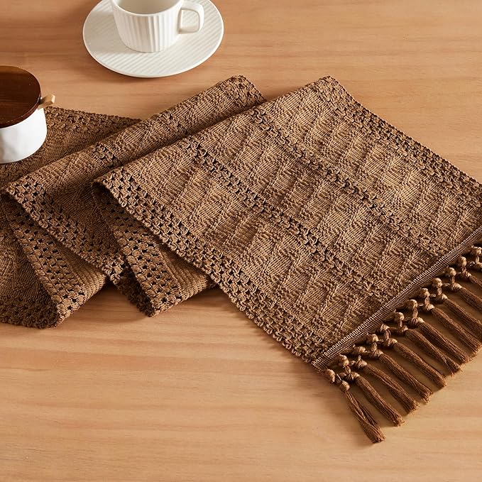 Macrame Style Boho Table Runner, 12x36 Inch Caramel | Woven Boho Table Runner by ZEEMARTONLINE