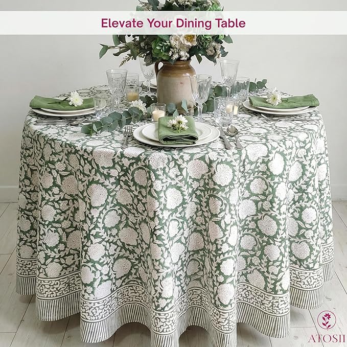 ATOSII Shalimar Green 100% Cotton Round Boho Fall Tablecloth, Handblock Floral Table Cloth Linen for Kitchen Dining I Parties Wedding Outdoors Christmas Thanksgiving I Fall Home Decor 60" Inches Round