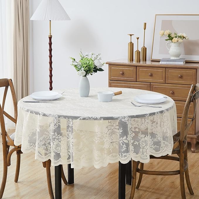 Warm Home Designs 70 Inch Round Tablecloth with English Rose Design. Use as Circle Tablecloth, Rustic Tablecloth or as Elegant Lace Table Cloth. Ivory Table Clothes for 4-6 Guests. LTC Ivory 70"