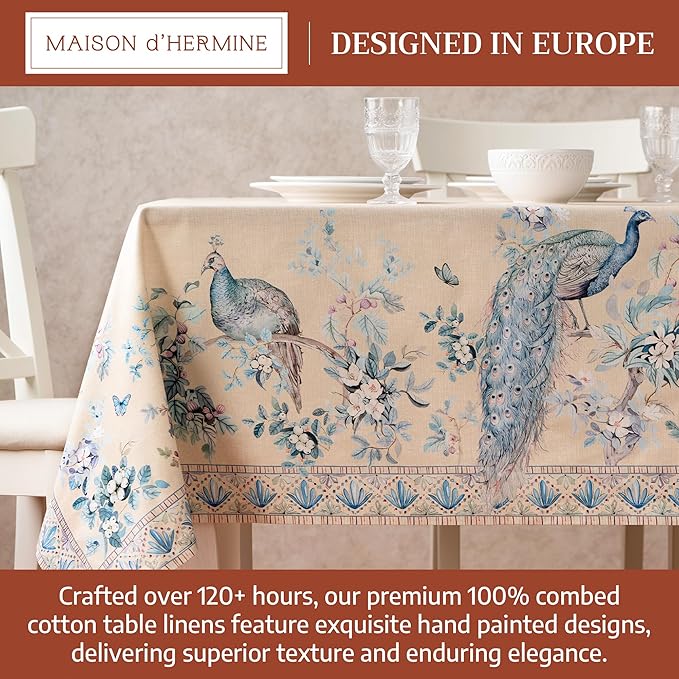 Maison d' Hermine Premium Table Cloth Rectangle Table 100% Combed Cotton 120 x 70 Inches Tablecloth Reusable Decorative for Dining Room, Home, Party, Festive & Wedding - Peacock Utopia - Sandy Beach