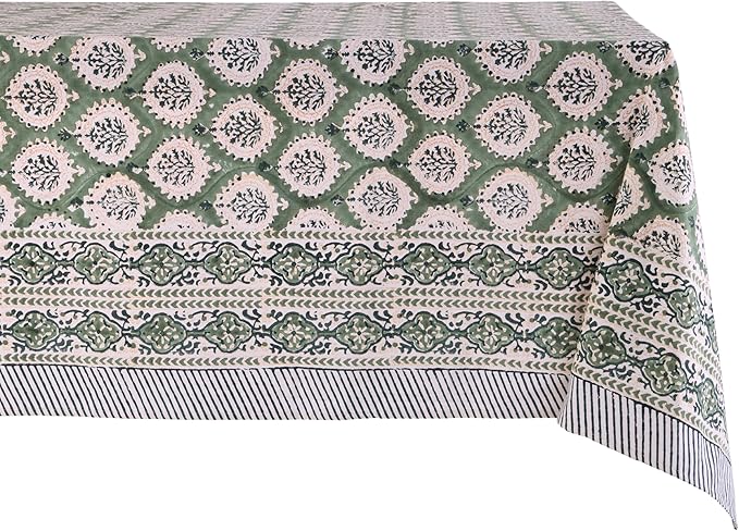 ATOSII Kari Green 100% Cotton Rectangle Fall Tablecloth, Block Print Floral Table Cloth Linen for Dining Parties Outdoors Christmas Thanksgiving Grandmillennial Home Decor 72 X 140 Inches I 12 Seater