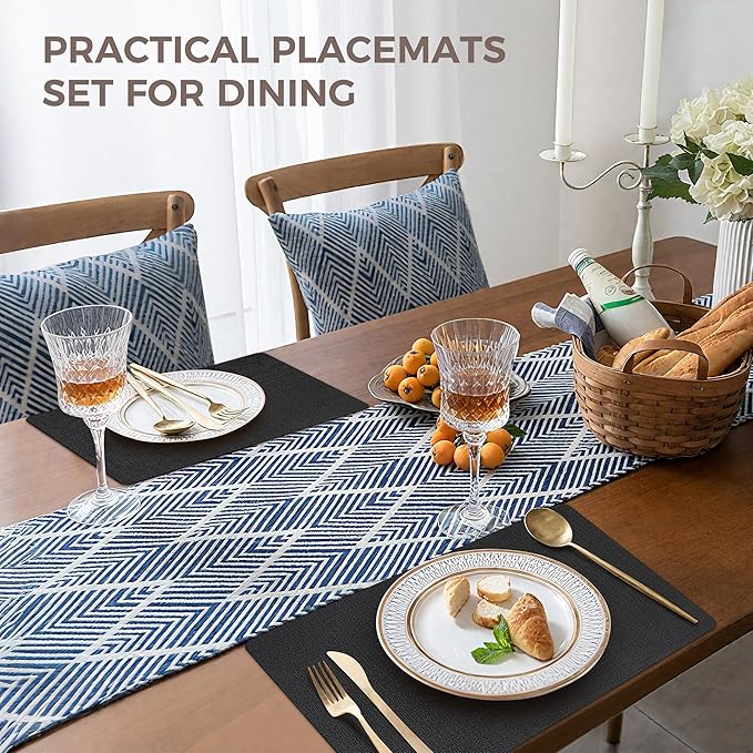 Vinyl Placemats Set of 12, Faux Leather Waterproof and Heat Resistant Place Mats, Washable Anti-Slip Table Mats with Coaster, Wipeable Placemats for Indoor & Outdoor 17" x 12" (Black, Set of 12)