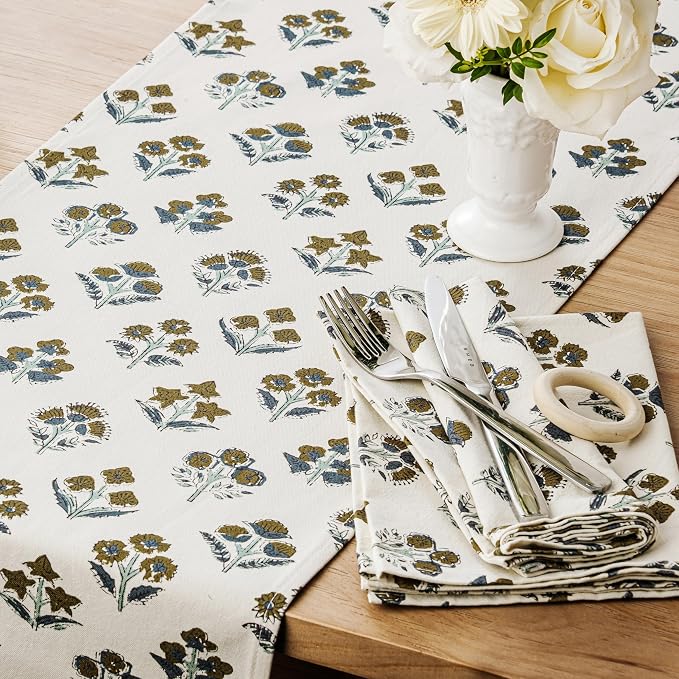 Block Print Floral Decorative Table Runners, 13x90 Inch Brown | 100% Organic - Image 2