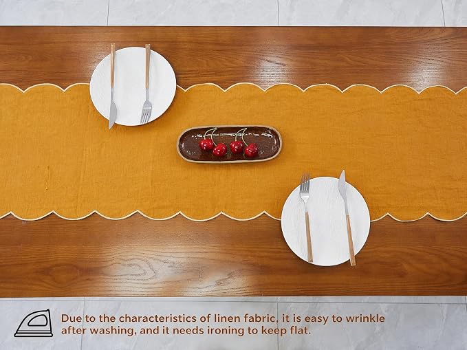 100% Natural Linen Rustic Scalloped Embroidery Table Runner 90 Inches Long - Image 4