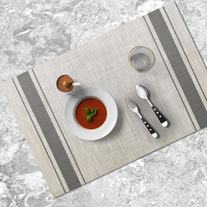 Placemats Set of 4 Vinyl Washable Gray Placemats, 18"x12" Wipeable Heat-Resistant Non-Slip Easy Clean Table Mats Ideal for Dining Table Table Runner and Outdoor(4, Grey Wide Stripe)