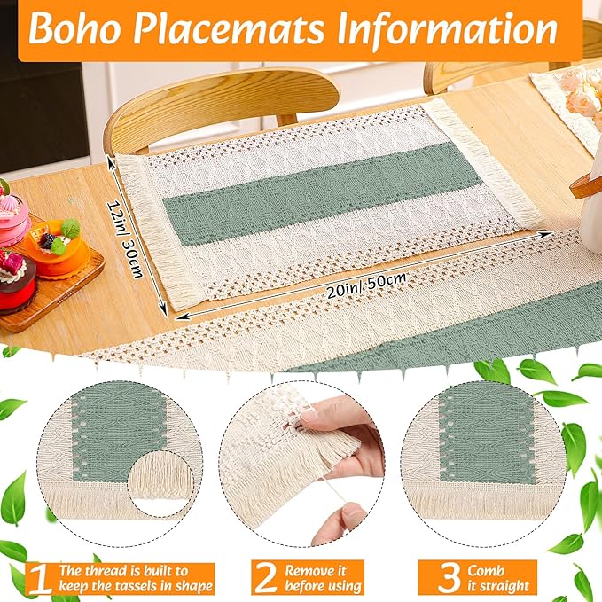 6 Sets Boho Decoration Placemats Round Woven Placemats, Cloth Napkins, Wood - Image 2