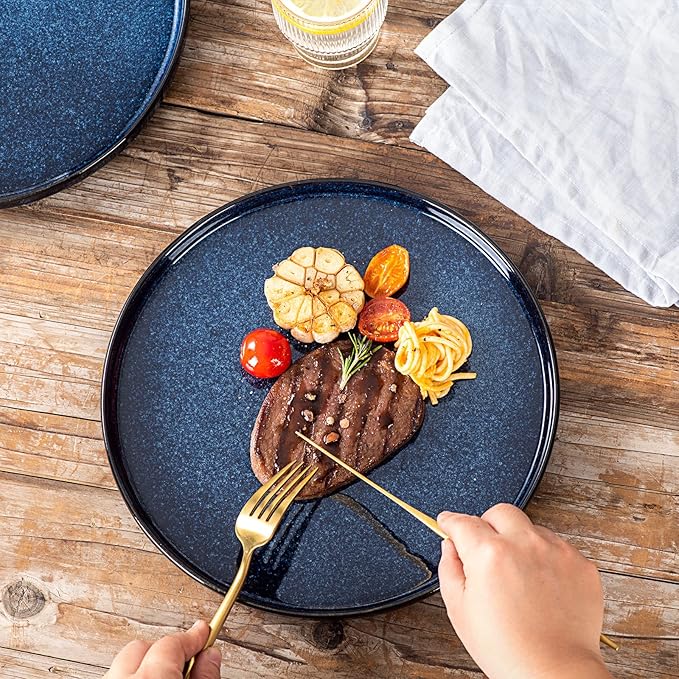 vicrays Ceramic Dinner Plates Set - Porcelain 10 Inch Flat Steak Pasta Pizza Plate Home Party Restaurant Plate Scratch Resistant Microwave Oven and Dishwasher Safe Set of 6 Blue
