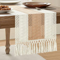 Macrame Style Bicolor Stitching Table Runner 14x72in Beige | Woven Boho Table by ZEEMARTONLINE