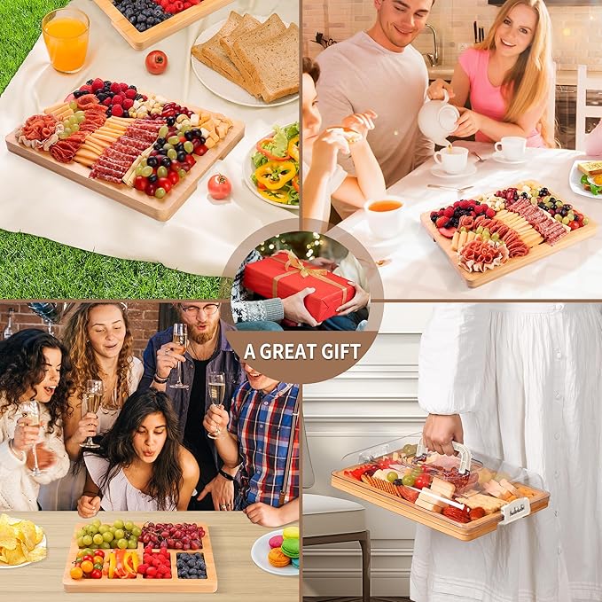 Charcuterie Board with Lid and Handle - Portable Travel Design Bamboo Cheese Board Set with 4 Cheese Tools, Gift for Housewarming, Weddings, Picnics(6 Compartments, White)
